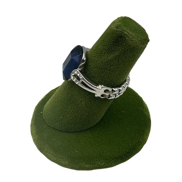 Stunning Silver-Plated Ring With Large Blue Stone & Rhinestones Stretch Adj - Picture 3 of 5